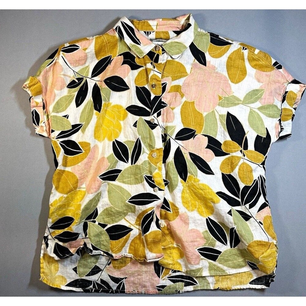 Rachel Zoe Women's Linen Woven Floral Collared Short Sleeve Button-Up Blouse M